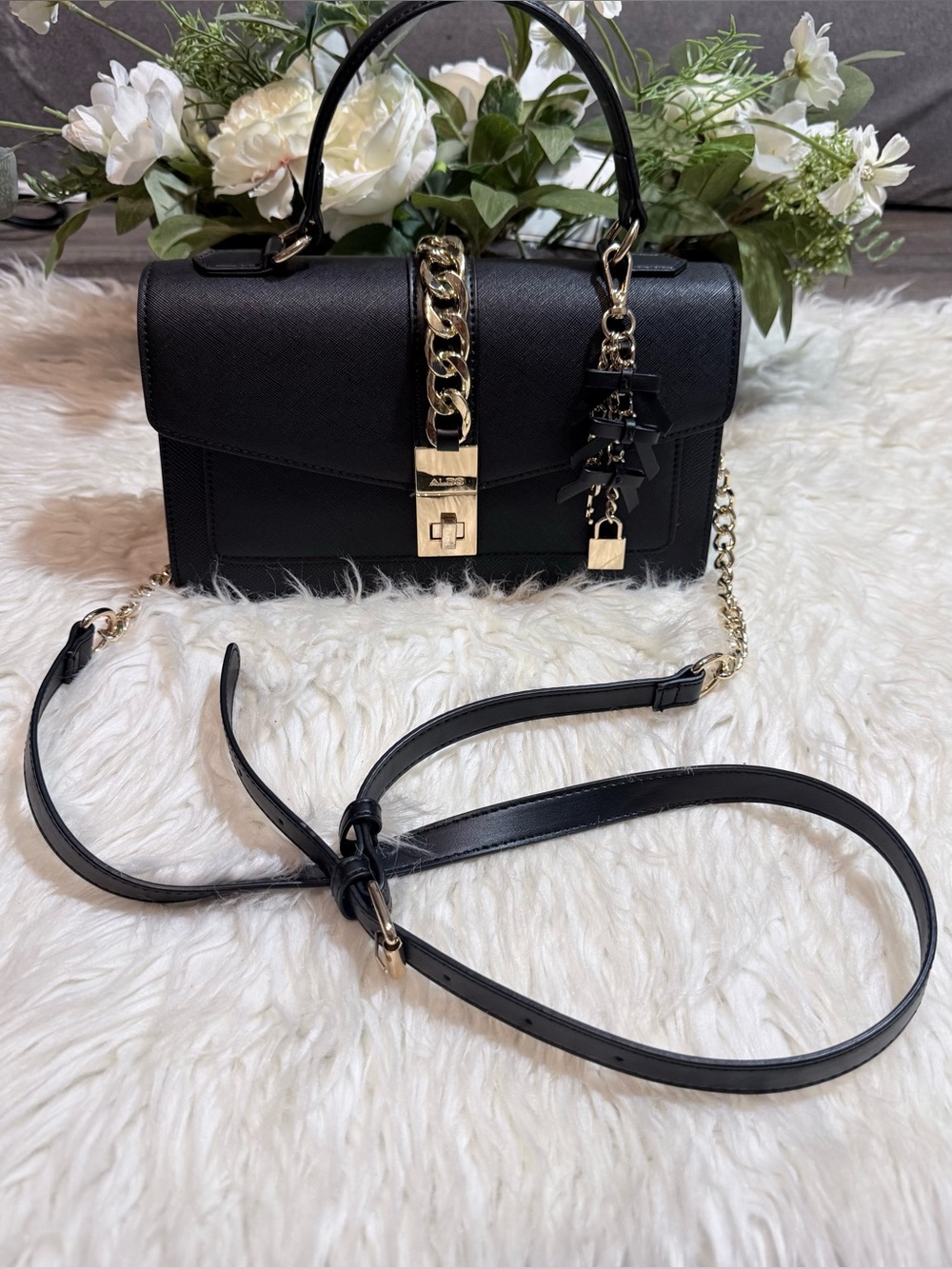 Aldo Black Satchel with Gold Chain and Lock Charm